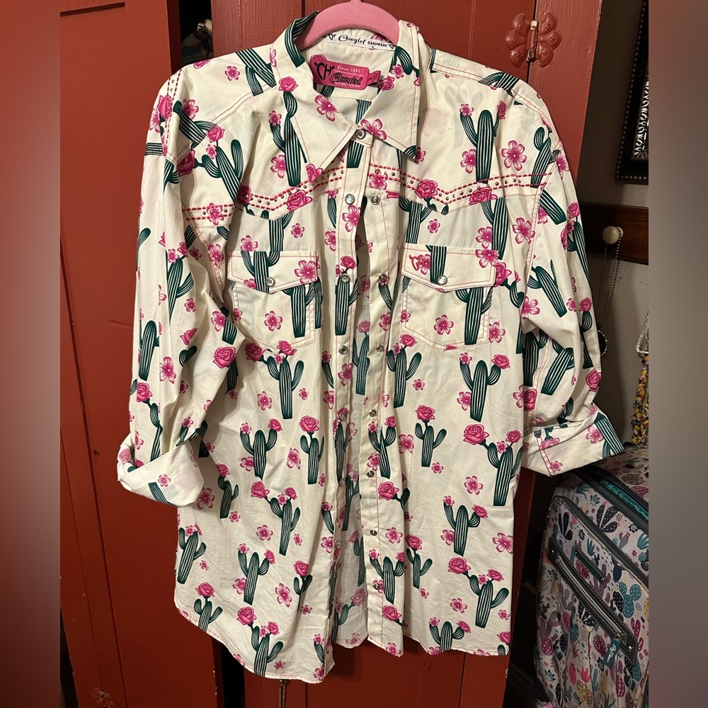 Cactus & Pink Floral Button-Down Western Shirt